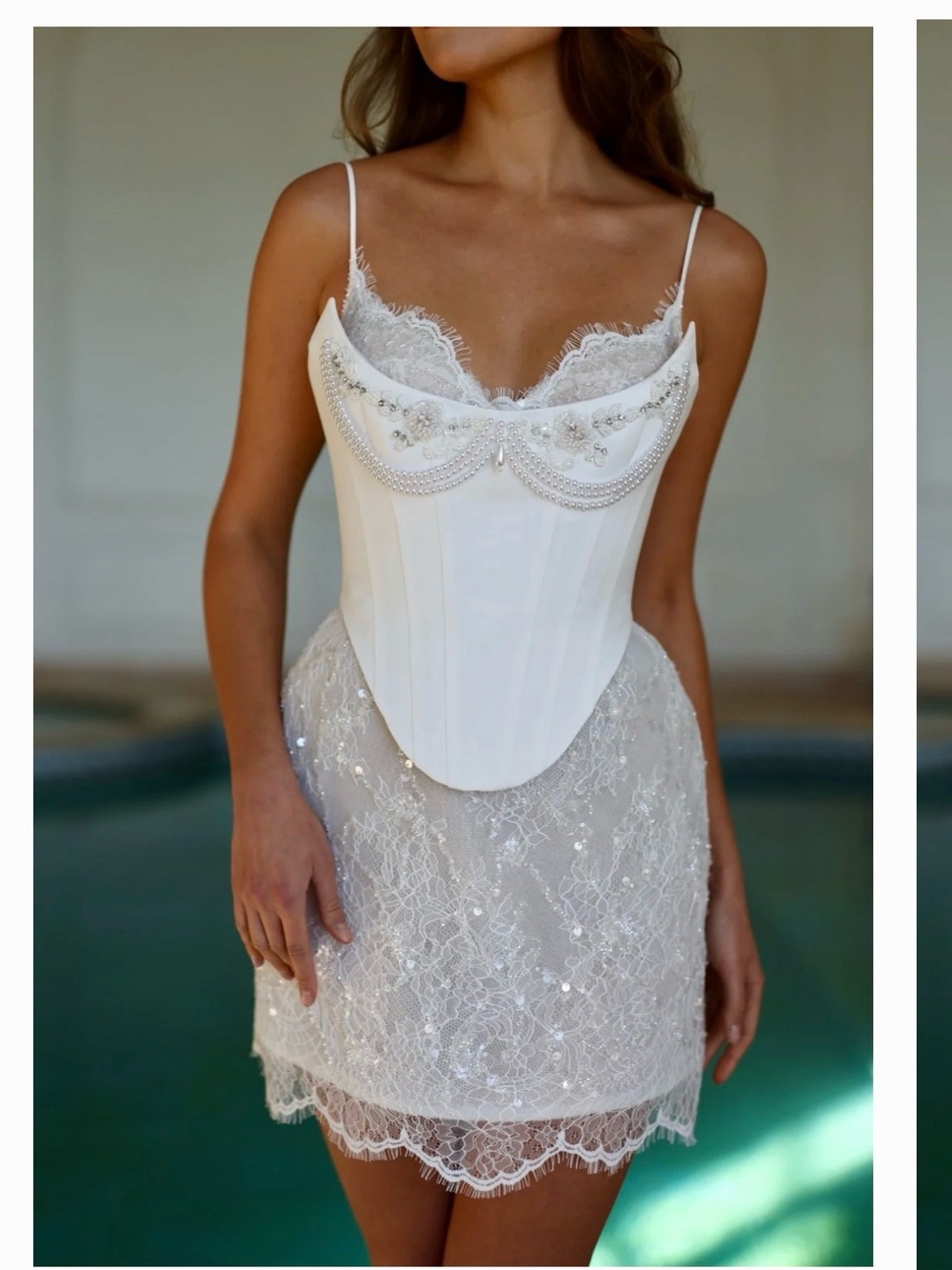 White Lace Corset Slip Dress with Pearl & Bead Accents